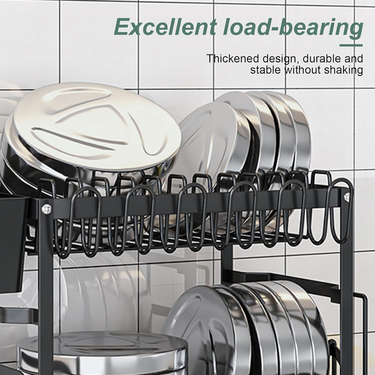 CARLA HOME 2-Tier Dish Drying Rack with Drainage Tray, Utensil Holder, Cup Hooks & Cutting Board Slot for Countertop Kitchen Storage (Black)-1978962254653165574