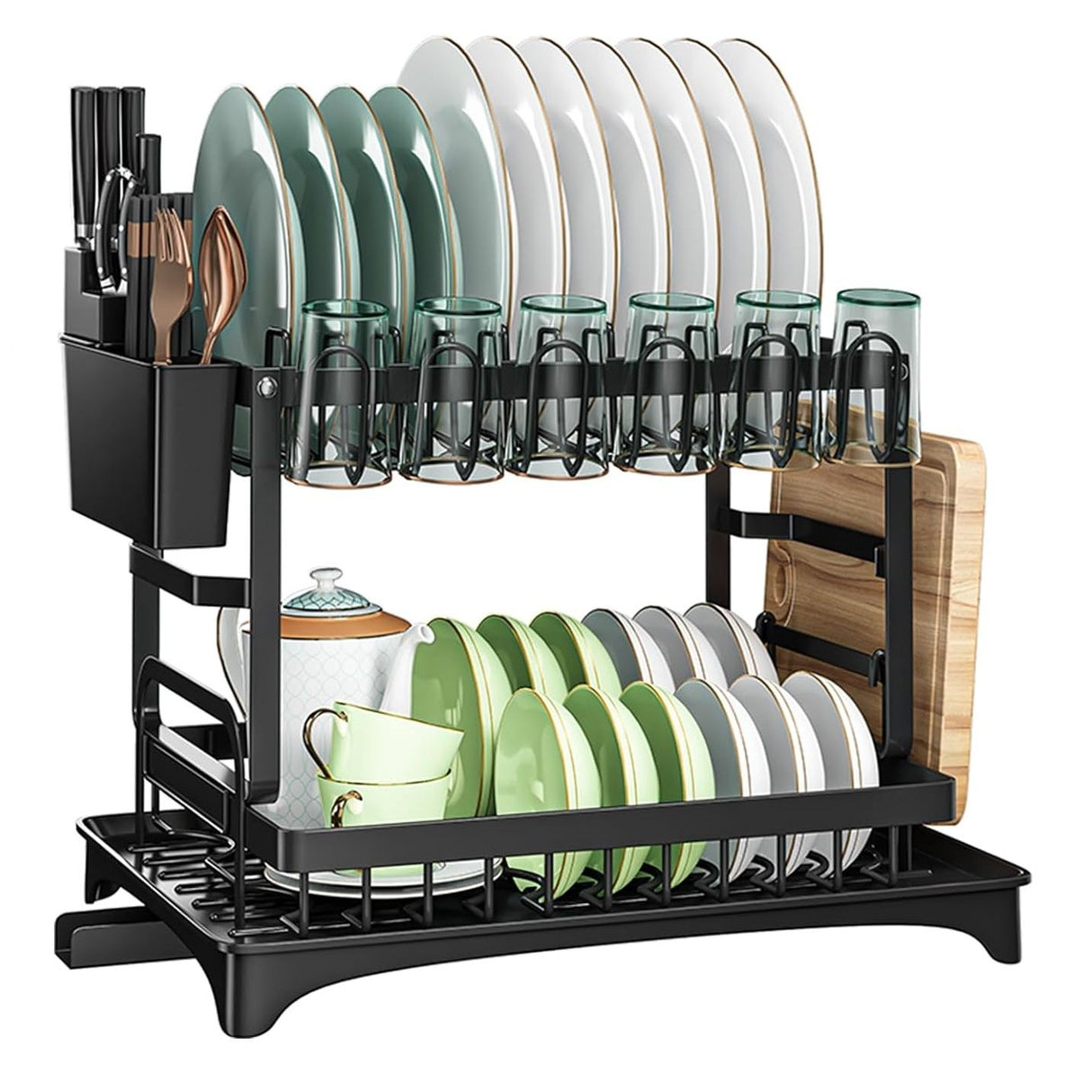 CARLA HOME 2-Tier Dish Drying Rack with Drainage Tray, Utensil Holder, Cup Hooks & Cutting Board Slot for Countertop Kitchen Storage (Black)-1978962254653165576