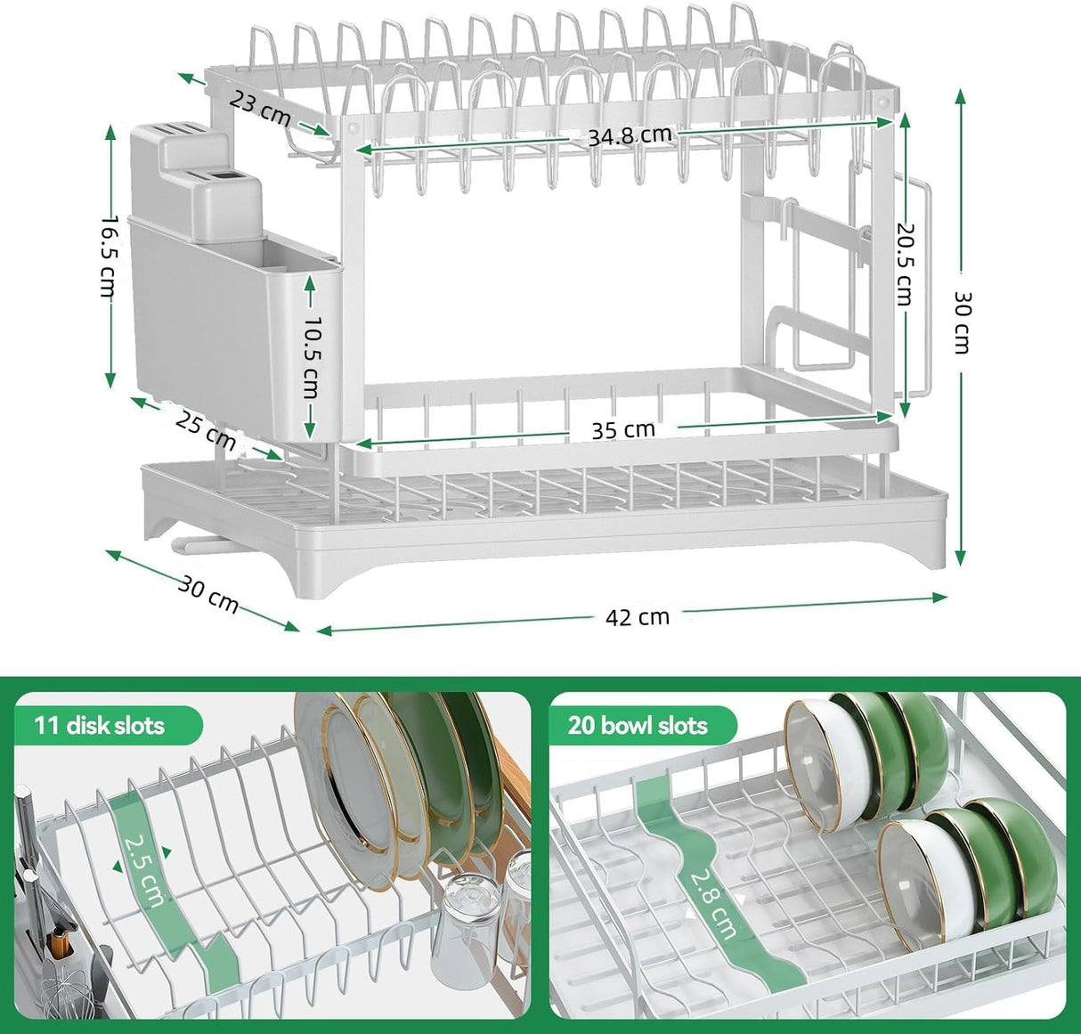 CARLA HOME 2-Tier Dish Drying Rack with Drainage Tray, Utensil Holder, Cup Hooks & Cutting Board Slot for Countertop Kitchen Storage (White)-1992735281312305153
