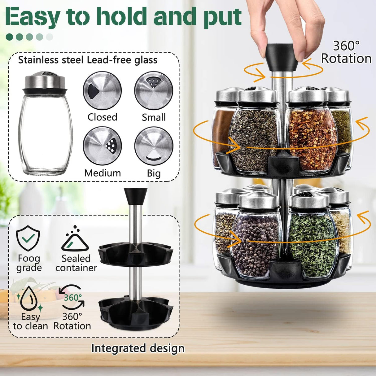 CARLA HOME Rotating Spice Rack Organizer with 16 Glass Jars for Kitchen Seasoning and Herb Storage-1992735291793870851