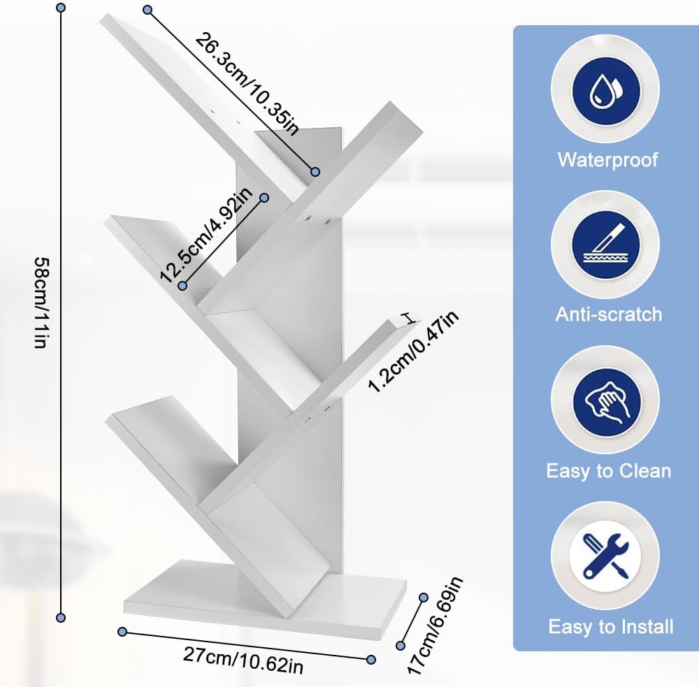 CARLA HOME 5-Tier Tree Bookshelf Storage Rack for Home Office or Bedroom (White)-1992735294960570369