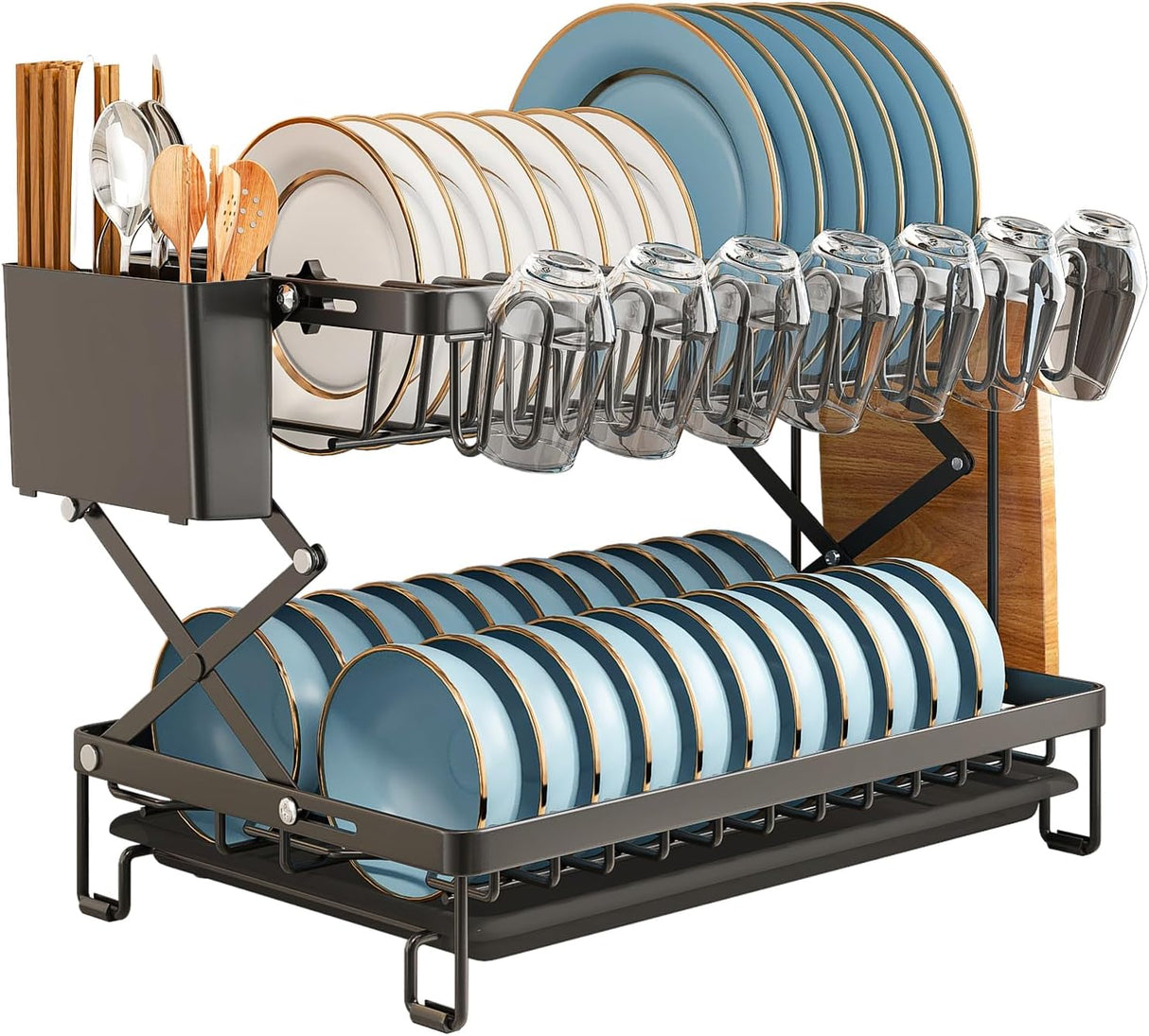 CARLA HOME 2-Tier Dish Drying Rack with Drainage Tray, Utensil Holder, Cup Hooks & Cutting Board Rack for Kitchen (Black)-1992735295317086208