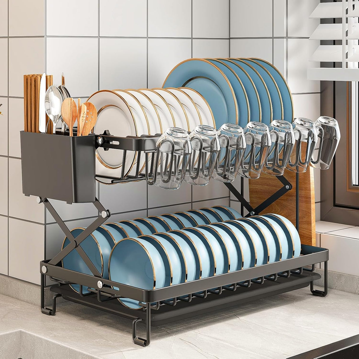 CARLA HOME 2-Tier Dish Drying Rack with Drainage Tray, Utensil Holder, Cup Hooks & Cutting Board Rack for Kitchen (Black)-1992735295317086210