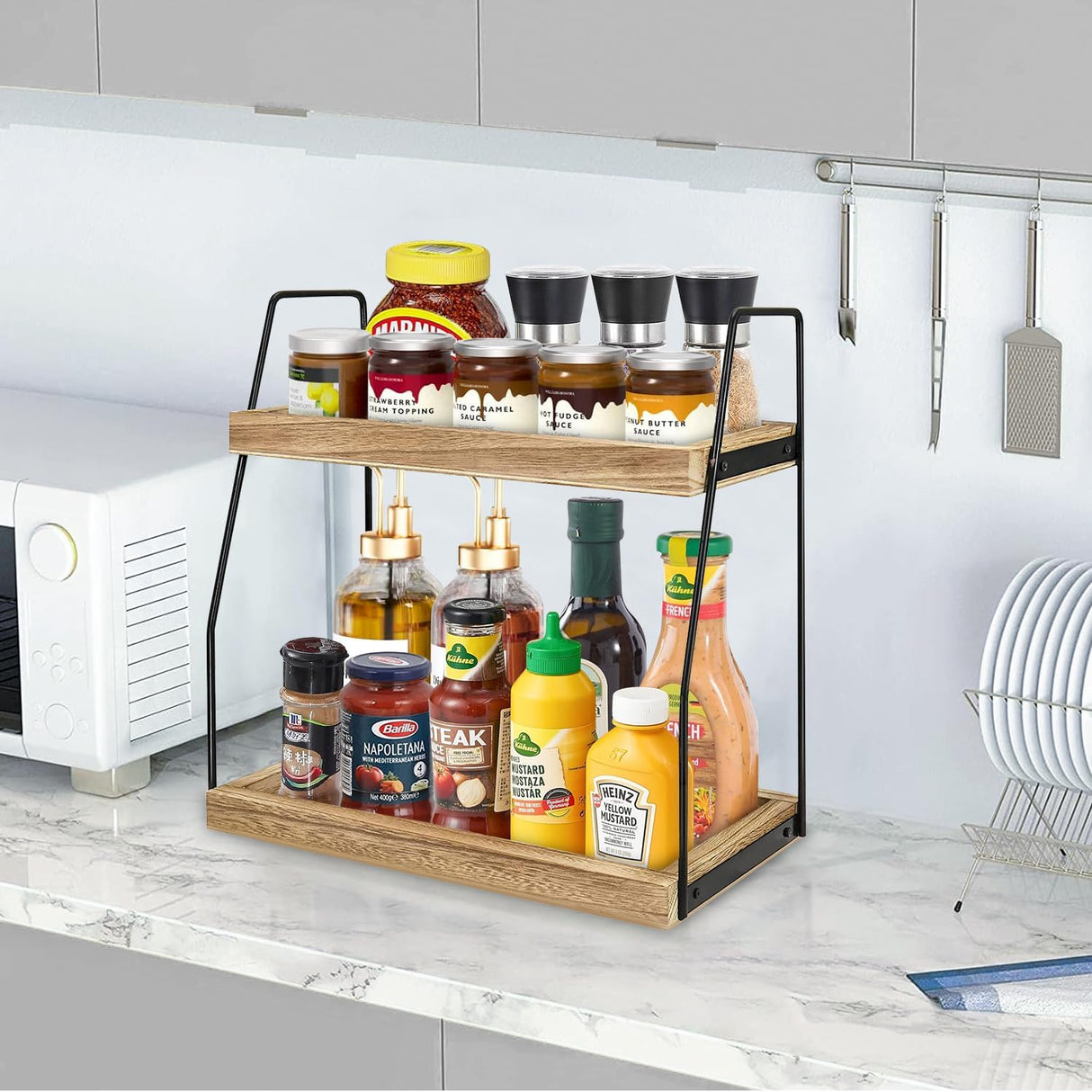 CARLA HOME 2-Tier Wooden Coffee Station Rack Organizer for Coffee Bar, Condiments, Syrups, Storage Jars & Spice Storage Shelf-1992735288992075780