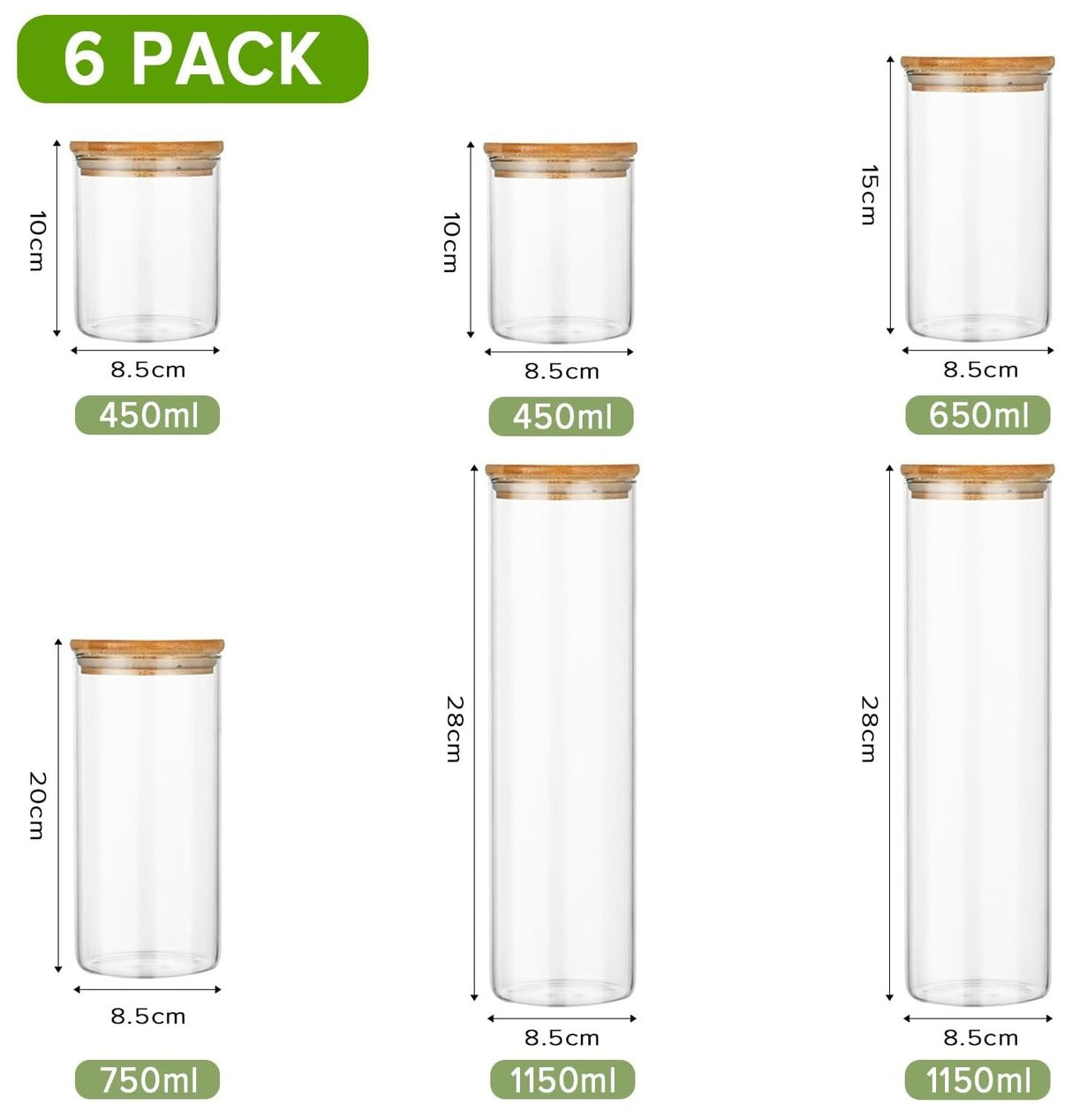 CARLA HOME 6 Pack Glass Storage Jars with Bamboo Lids for Kitchen Pantry, Pasta, Snacks, Cookies, Candy & More-1992735290023874561
