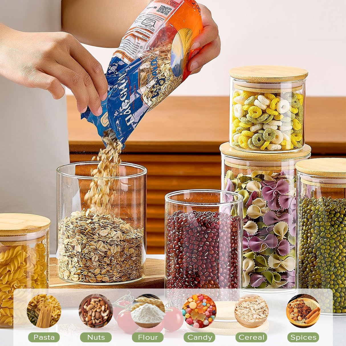 CARLA HOME 6 Pack Glass Storage Jars with Bamboo Lids for Kitchen Pantry, Pasta, Snacks, Cookies, Candy & More-1992735290023874564