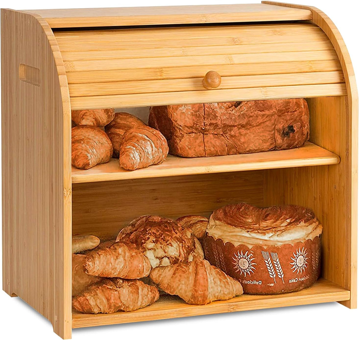 CARLA HOME Large Bamboo Bread Box Storage Organizer with Roll Top for Kitchen Counter-1992735282981638144