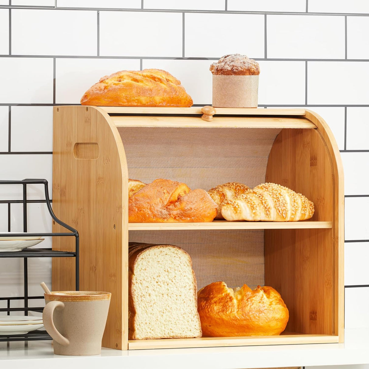 CARLA HOME Large Bamboo Bread Box Storage Organizer with Roll Top for Kitchen Counter-1992735282981638146