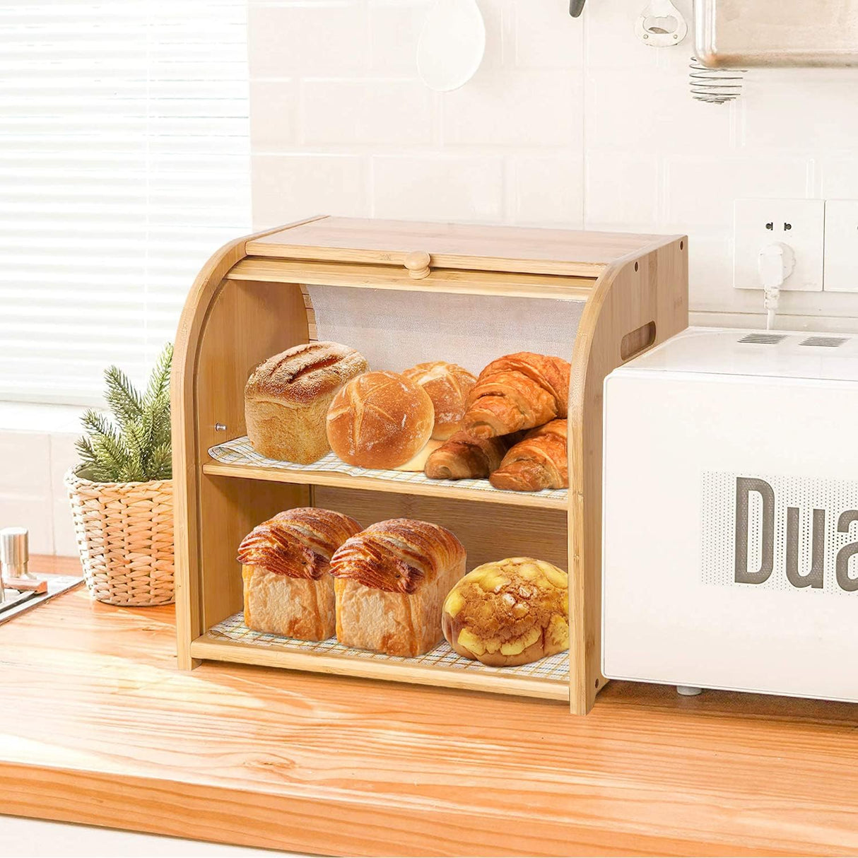 CARLA HOME Large Bamboo Bread Box Storage Organizer with Roll Top for Kitchen Counter-1992735282981638152