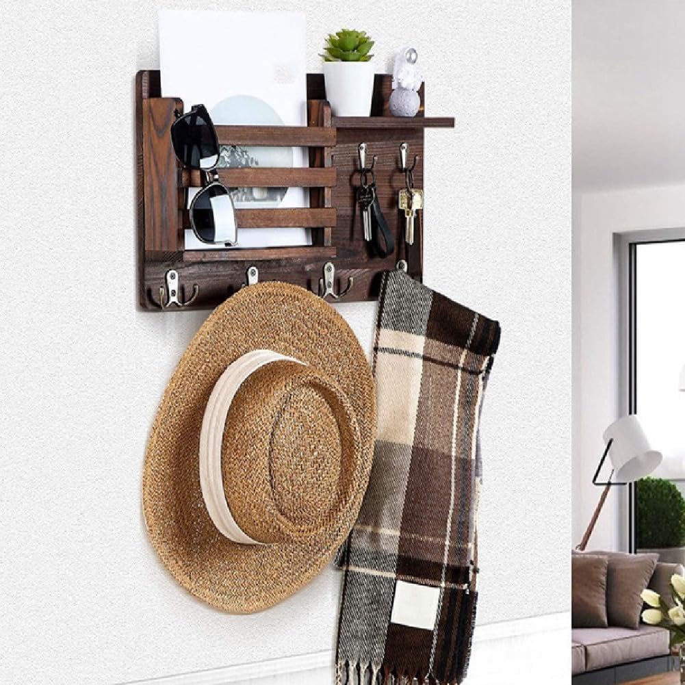CARLA HOME Rustic Wood Wall Mounted Key and Mail Holder Organizer with Shelf, Letter Slot & 6 Hooks for Entryway Decor Home-1992735291626098689