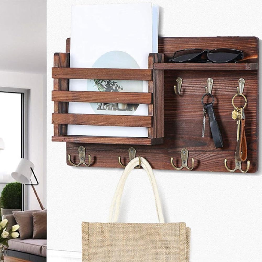 CARLA HOME Rustic Wood Wall Mounted Key and Mail Holder Organizer with Shelf, Letter Slot & 6 Hooks for Entryway Decor Home-1992735291626098691