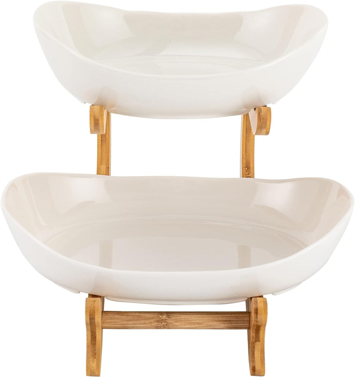 CARLA HOME 2-Tier Ceramic Fruit Bowl Basket with Bamboo Stand for Kitchen Counter, Snack Tray, Dessert Server & Vegetable Storage Rack-1992735285884096521