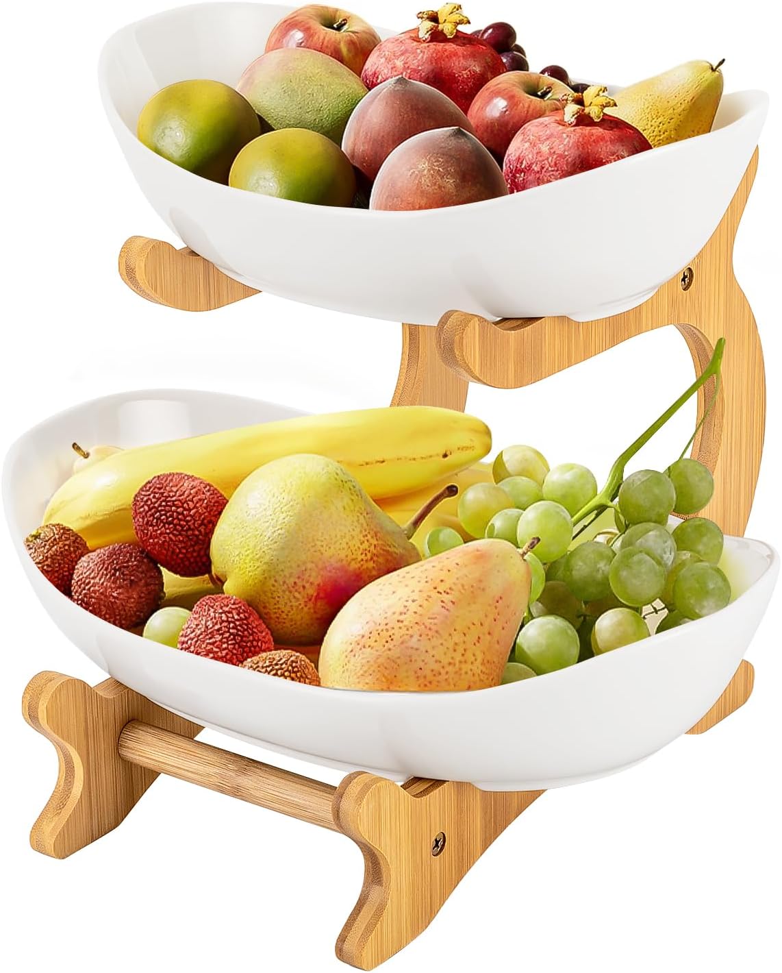 CARLA HOME 2-Tier Ceramic Fruit Bowl Basket with Bamboo Stand for Kitchen Counter, Snack Tray, Dessert Server & Vegetable Storage Rack-1992735285884096512