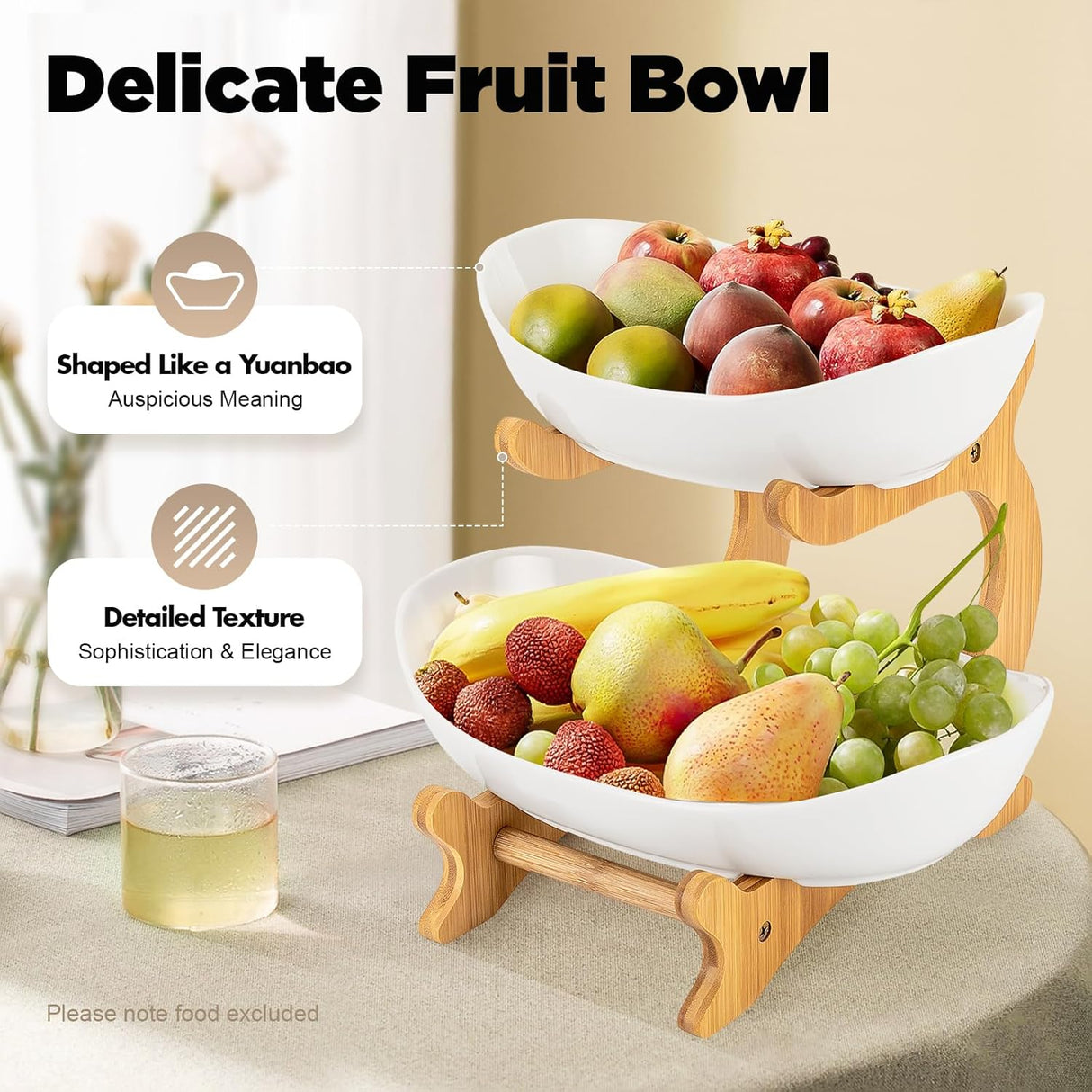 CARLA HOME 2-Tier Ceramic Fruit Bowl Basket with Bamboo Stand for Kitchen Counter, Snack Tray, Dessert Server & Vegetable Storage Rack-1992735285884096514