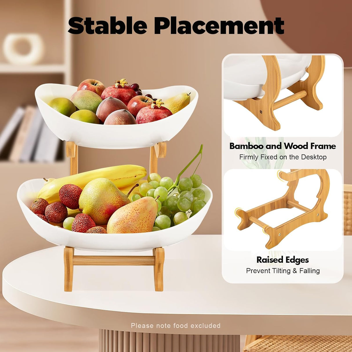 CARLA HOME 2-Tier Ceramic Fruit Bowl Basket with Bamboo Stand for Kitchen Counter, Snack Tray, Dessert Server & Vegetable Storage Rack-1992735285884096515