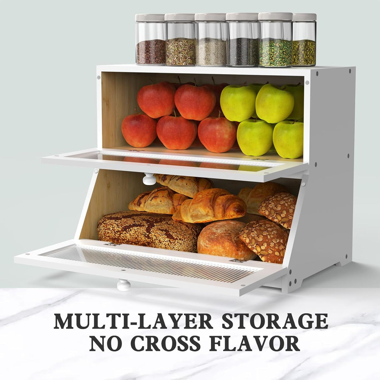 CARLA HOME Double Layer Bamboo Bread Box for Kitchen Counter - Large Capacity Bread Storage Container with Clear Window, Easy Assembly, Farmhouse Style Bread Holder (White)-1992735281492660229