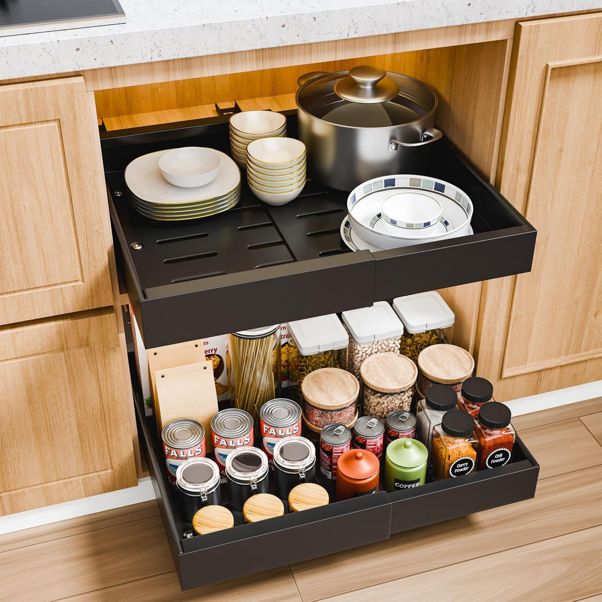 CARLA HOME 2 Pack Pull Out Cabinet Organizer Expandable for Cabinets with Adjustable Slide Out Shelves and Easy Installation (Black)-1992735300954230784