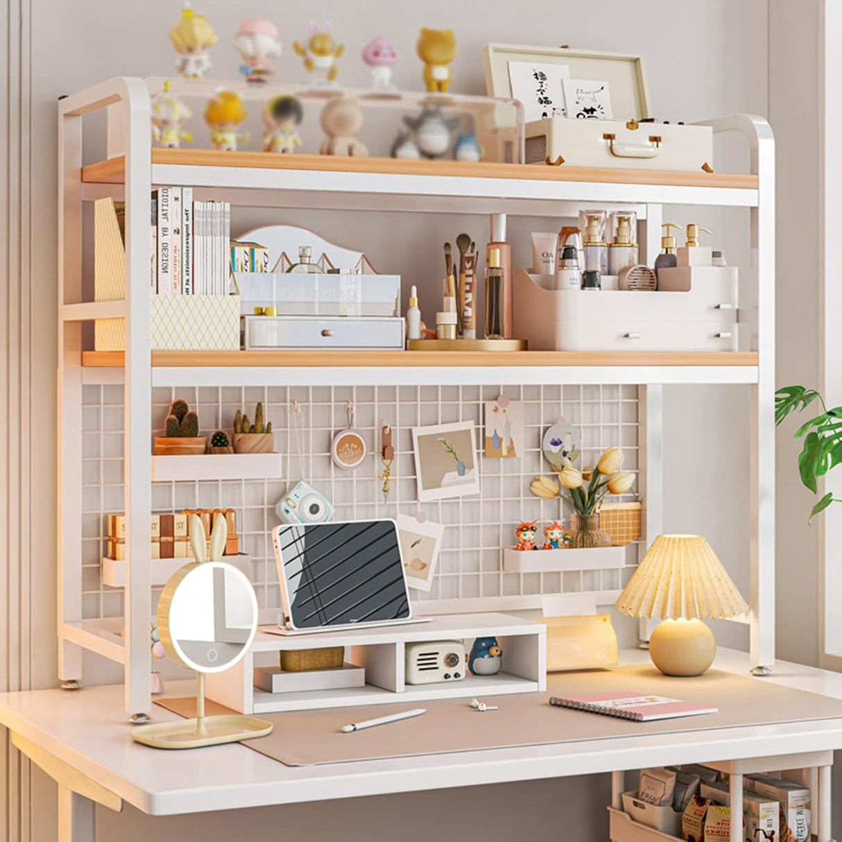CARLA HOME 2-Tier Metal Desktop Hutch Bookshelf with Grid Panel for Computer Desk and Office Countertop-1992735283170381824