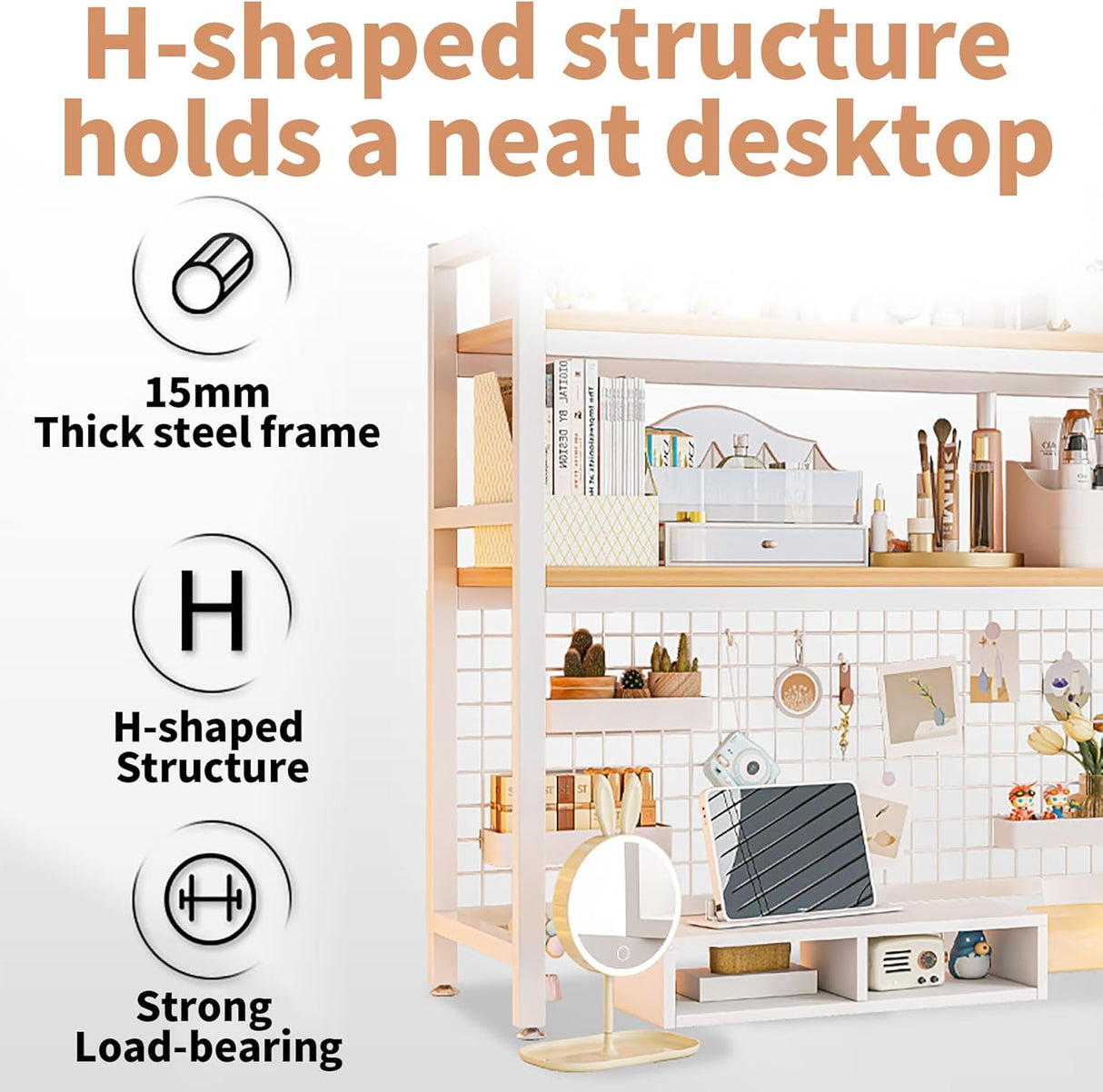 CARLA HOME 2-Tier Metal Desktop Hutch Bookshelf with Grid Panel for Computer Desk and Office Countertop-1992735283170381829