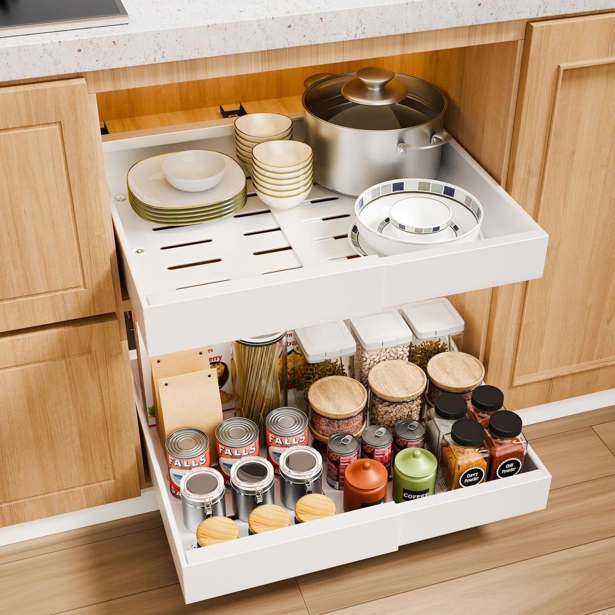 CARLA HOME 2 Pack Pull Out Cabinet Organizer Expandable for Cabinets with Adjustable Slide Out Shelves and Easy Installation (White)-1992735300601909248