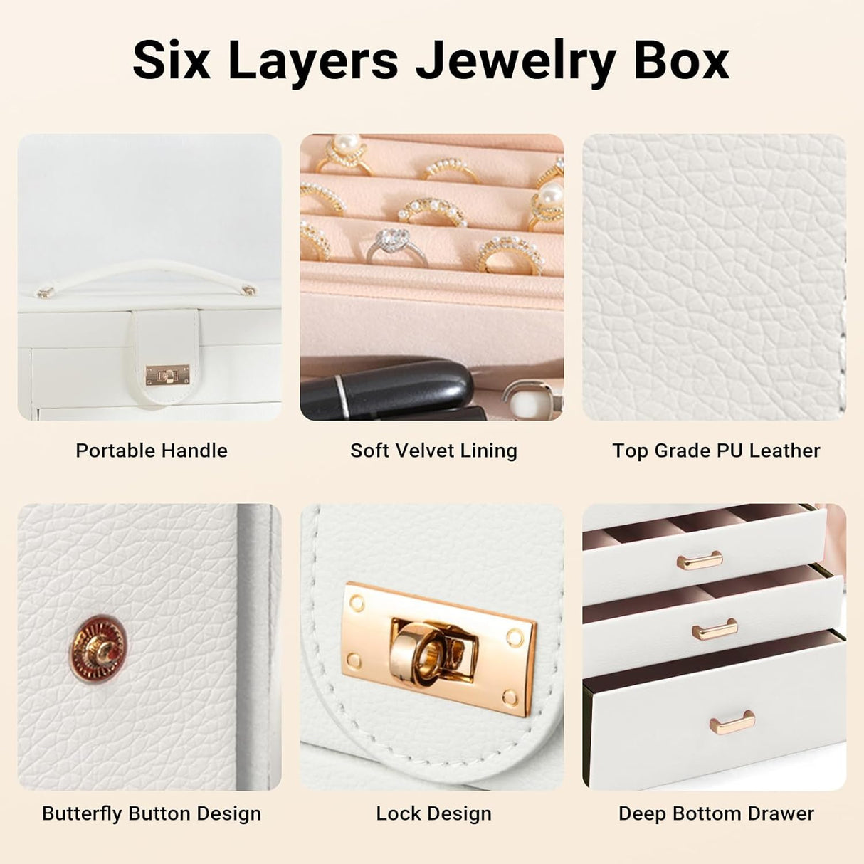 CARLA HOME 6-Layer Large Jewelry Box for Women with Drawers, Mirror, Lock, Necklace Hooks & Side Compartments for Rings, Earrings, Bracelets, Gifts (White)-1992735289843519492