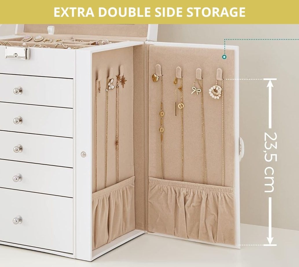 CARLA HOME 6-Layer Large Jewelry Box for Women with Drawers, Mirror, Lock, Necklace Hooks & Side Compartments for Rings, Earrings, Bracelets, Gifts (White)-1992735289843519495
