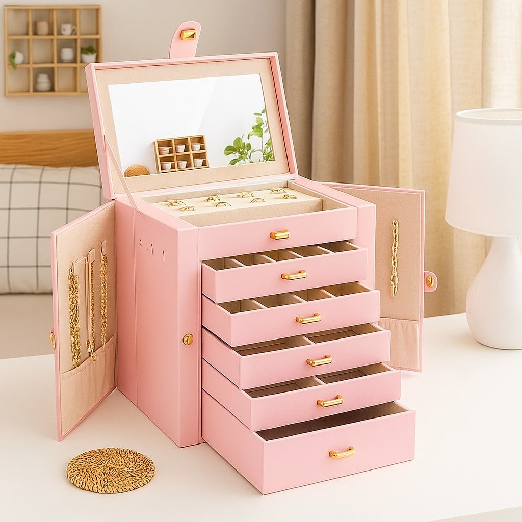 CARLA HOME 6-Layer Large Jewelry Box for Women with Drawers, Mirror, Lock, Necklace Hooks & Side Compartments for Rings, Earrings, Bracelets, Gifts (Pink)-1992735290736906241