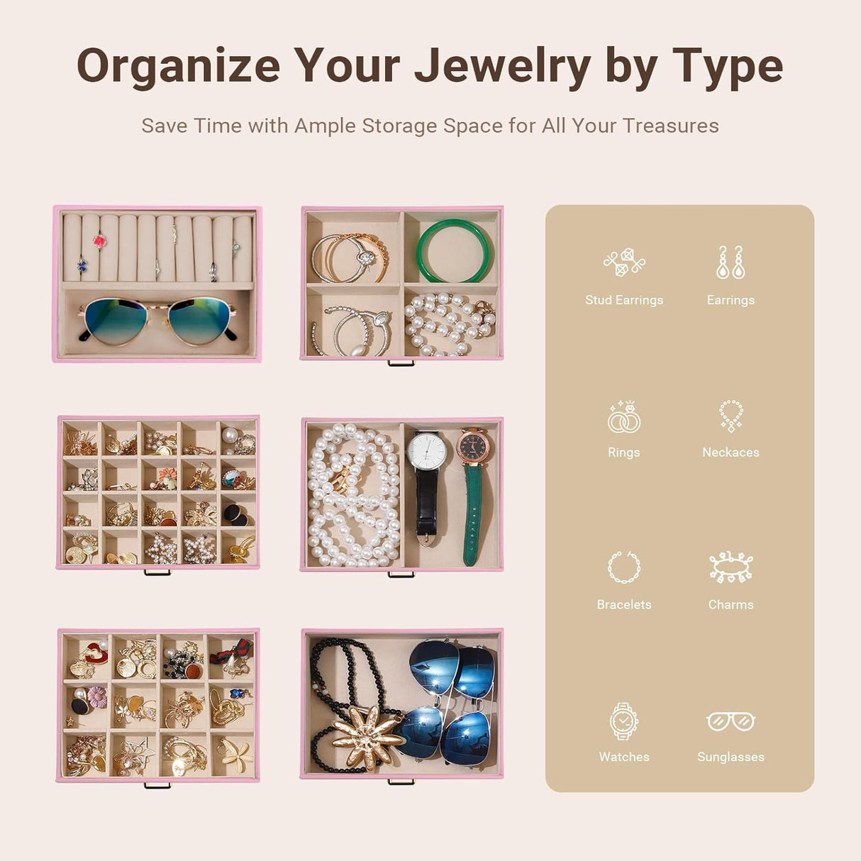 CARLA HOME 6-Layer Large Jewelry Box for Women with Drawers, Mirror, Lock, Necklace Hooks & Side Compartments for Rings, Earrings, Bracelets, Gifts (Pink)-1992735290736906243