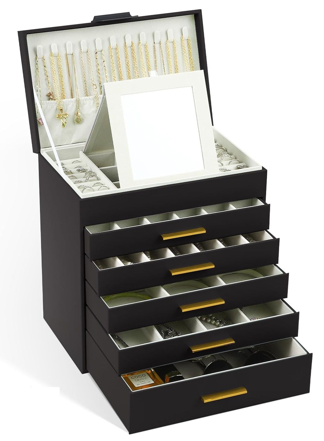 CARLA HOME 6-Layer Large Jewelry Organizer Box for Women with Mirror, Drawers, Hooks & Dividers for Rings, Necklaces, Bracelets, Ideal Gift for Women (Black)-1992735298160824320