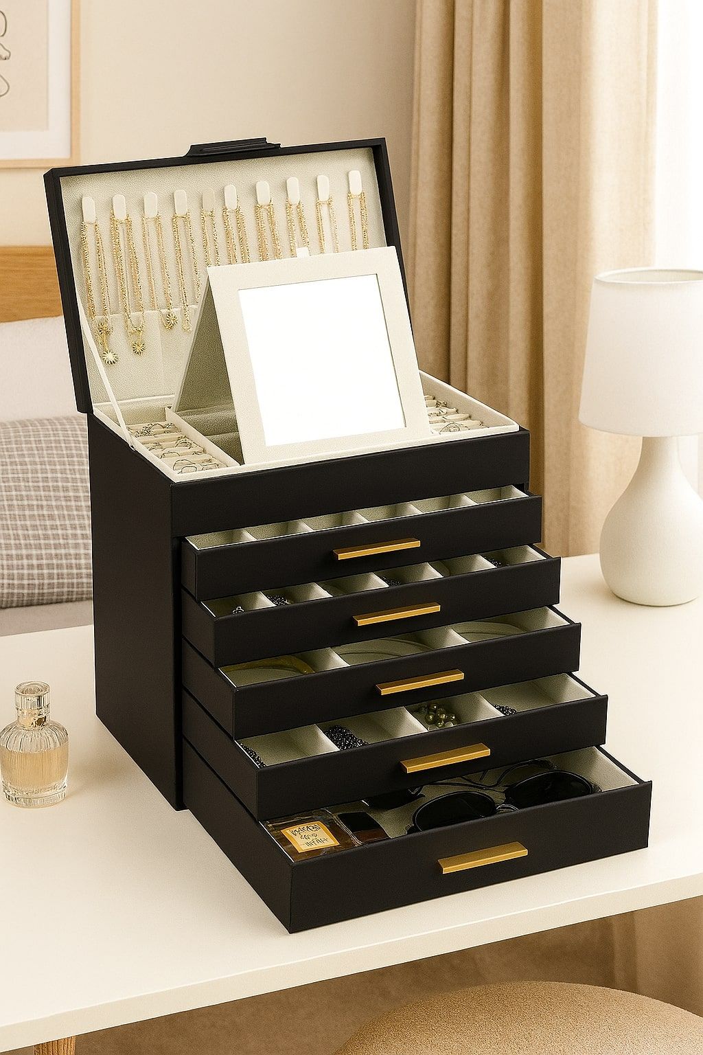 CARLA HOME 6-Layer Large Jewelry Organizer Box for Women with Mirror, Drawers, Hooks & Dividers for Rings, Necklaces, Bracelets, Ideal Gift for Women (Black)-1992735298160824321