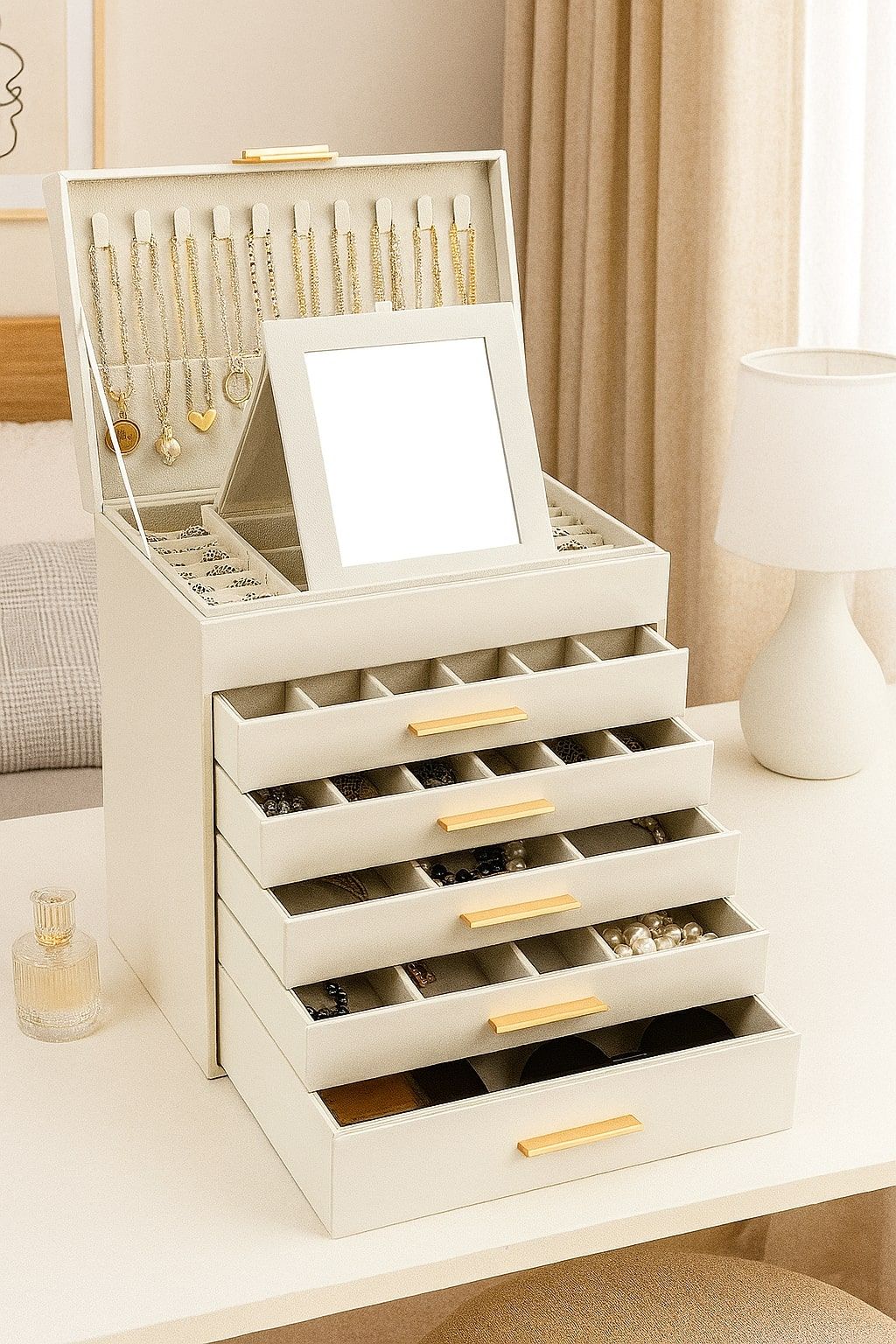 CARLA HOME 6-Layer Large Jewelry Organizer Box for Women with Mirror, Drawers, Hooks & Dividers for Rings, Necklaces, Bracelets, Ideal Gift for Women (White)-1992735299033239553