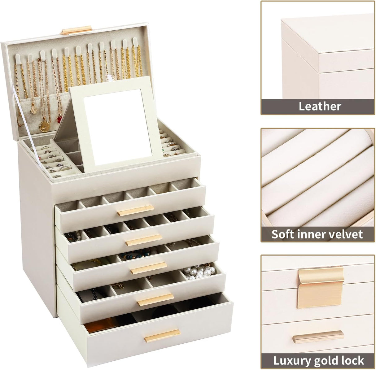 CARLA HOME 6-Layer Large Jewelry Organizer Box for Women with Mirror, Drawers, Hooks & Dividers for Rings, Necklaces, Bracelets, Ideal Gift for Women (White)-1992735299033239555