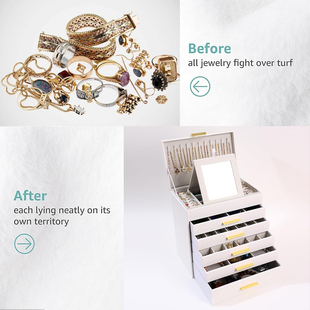 CARLA HOME 6-Layer Large Jewelry Organizer Box for Women with Mirror, Drawers, Hooks & Dividers for Rings, Necklaces, Bracelets, Ideal Gift for Women (White)-1992735299033239558