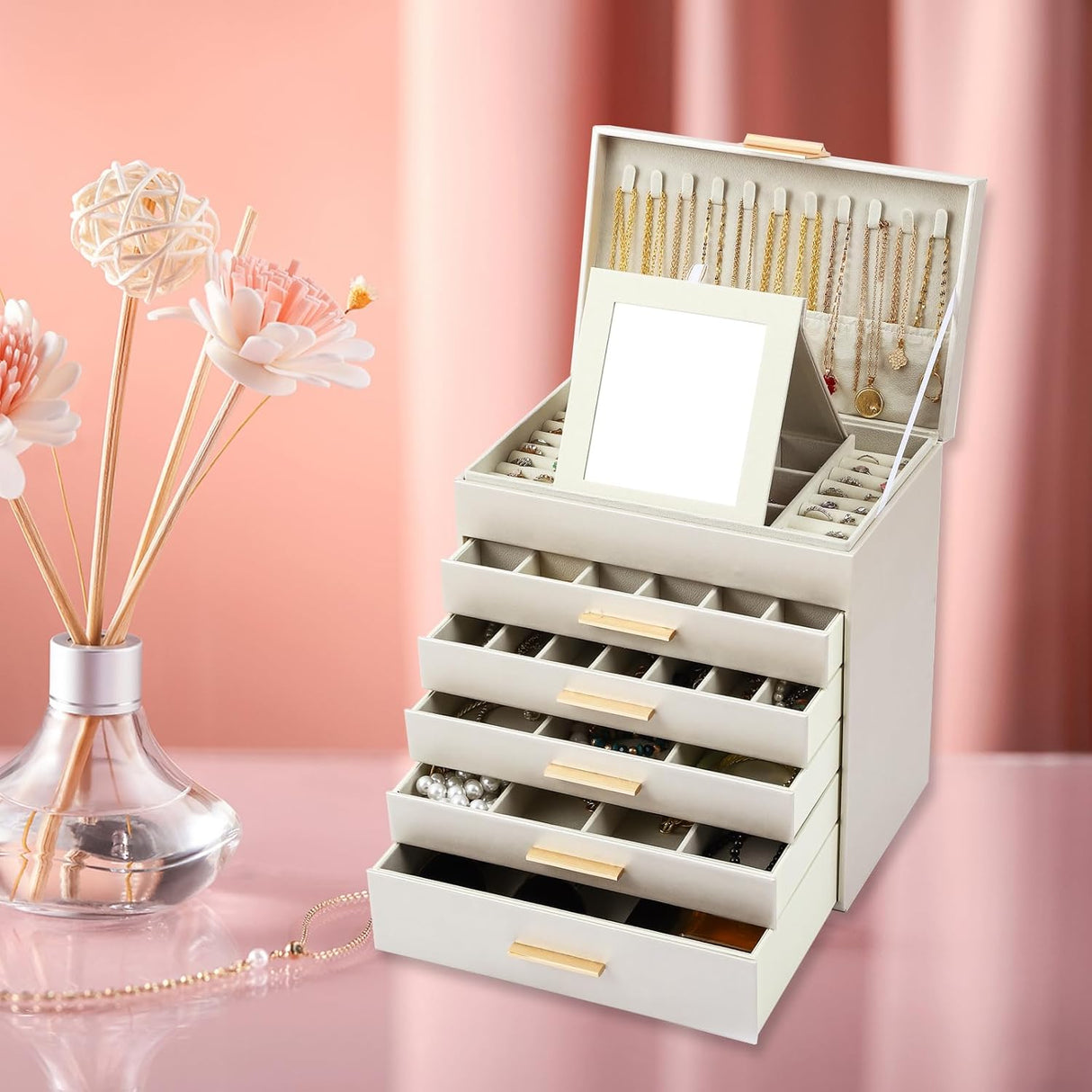 CARLA HOME 6-Layer Large Jewelry Organizer Box for Women with Mirror, Drawers, Hooks & Dividers for Rings, Necklaces, Bracelets, Ideal Gift for Women (White)-1992735299033239559