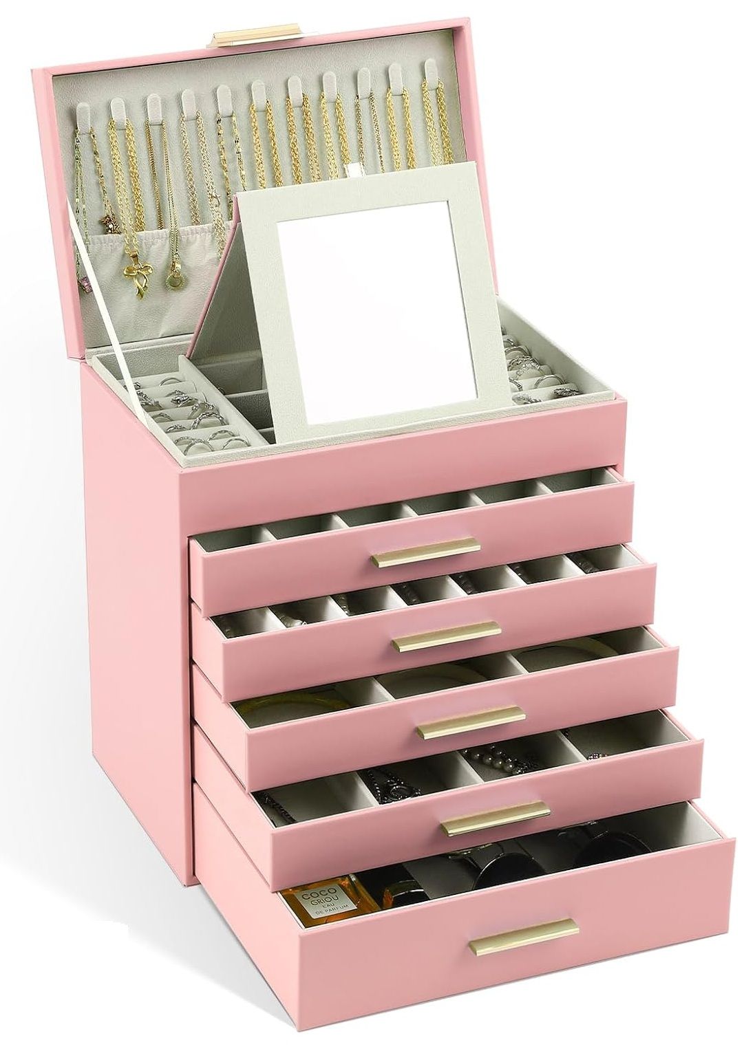 CARLA HOME 6-Layer Large Jewelry Organizer Box for Women with Mirror, Drawers, Hooks & Dividers for Rings, Necklaces, Bracelets, Ideal Gift for Women (Pink)-1992735292494319616