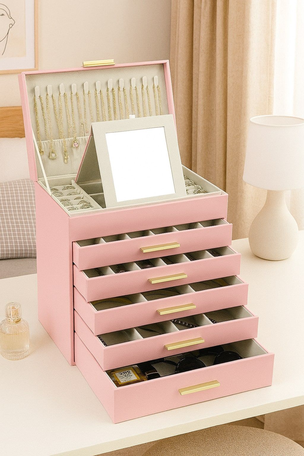 CARLA HOME 6-Layer Large Jewelry Organizer Box for Women with Mirror, Drawers, Hooks & Dividers for Rings, Necklaces, Bracelets, Ideal Gift for Women (Pink)-1992735292494319617