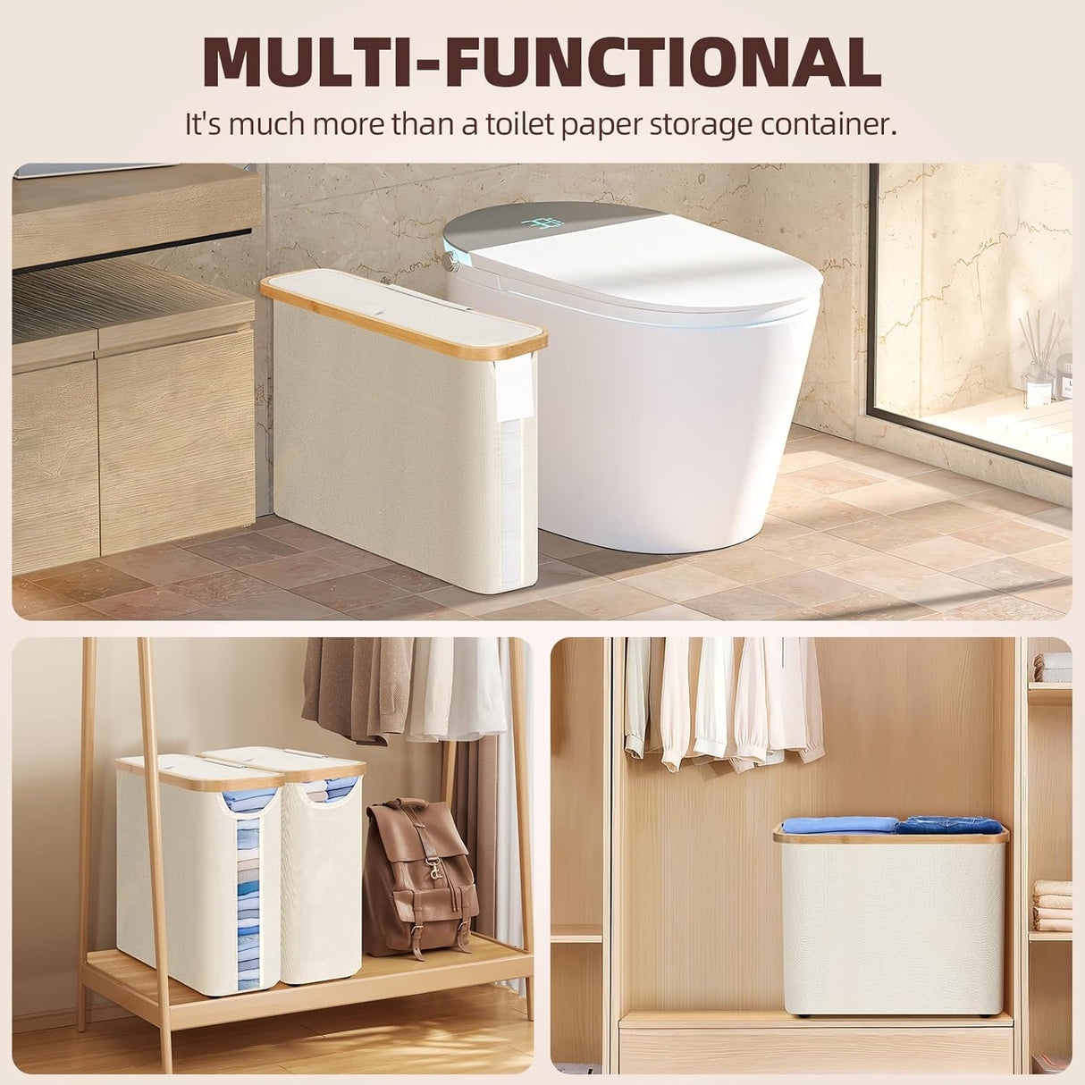 CARLA HOME 2 Pack Toilet Paper Storage Basket Holds Up to 12 Rolls with Bamboo Lid and Handle for RV Closet (White)-1978962263985491975