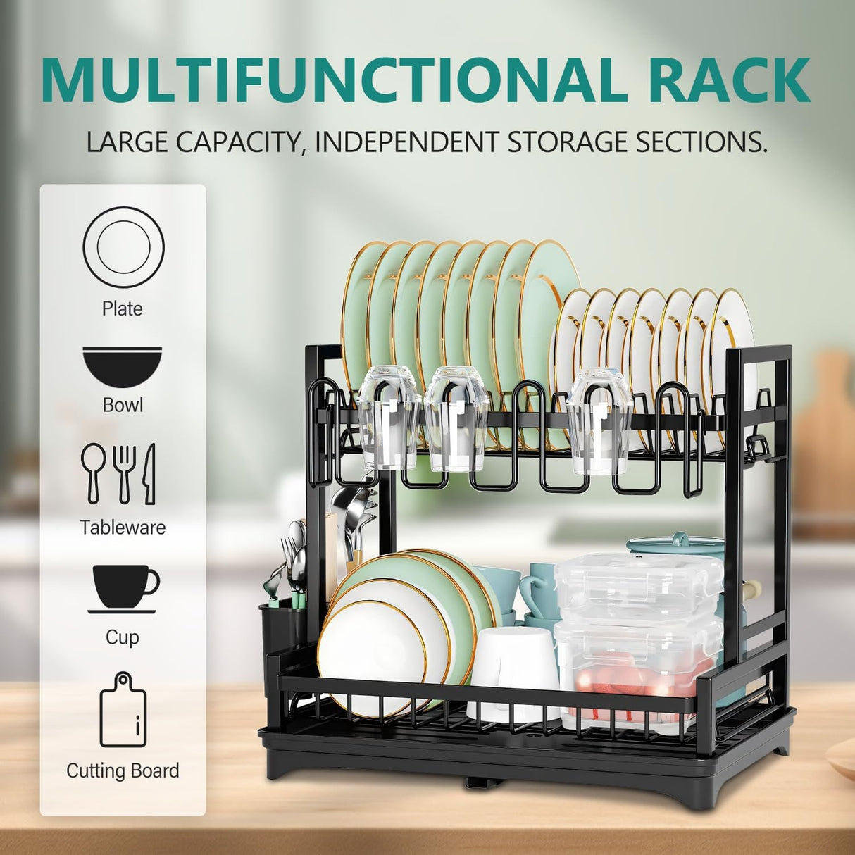 CARLA HOME Dish Drying Rack 2-Tier Kitchen Drainer with Drainboard-1992735286932672513
