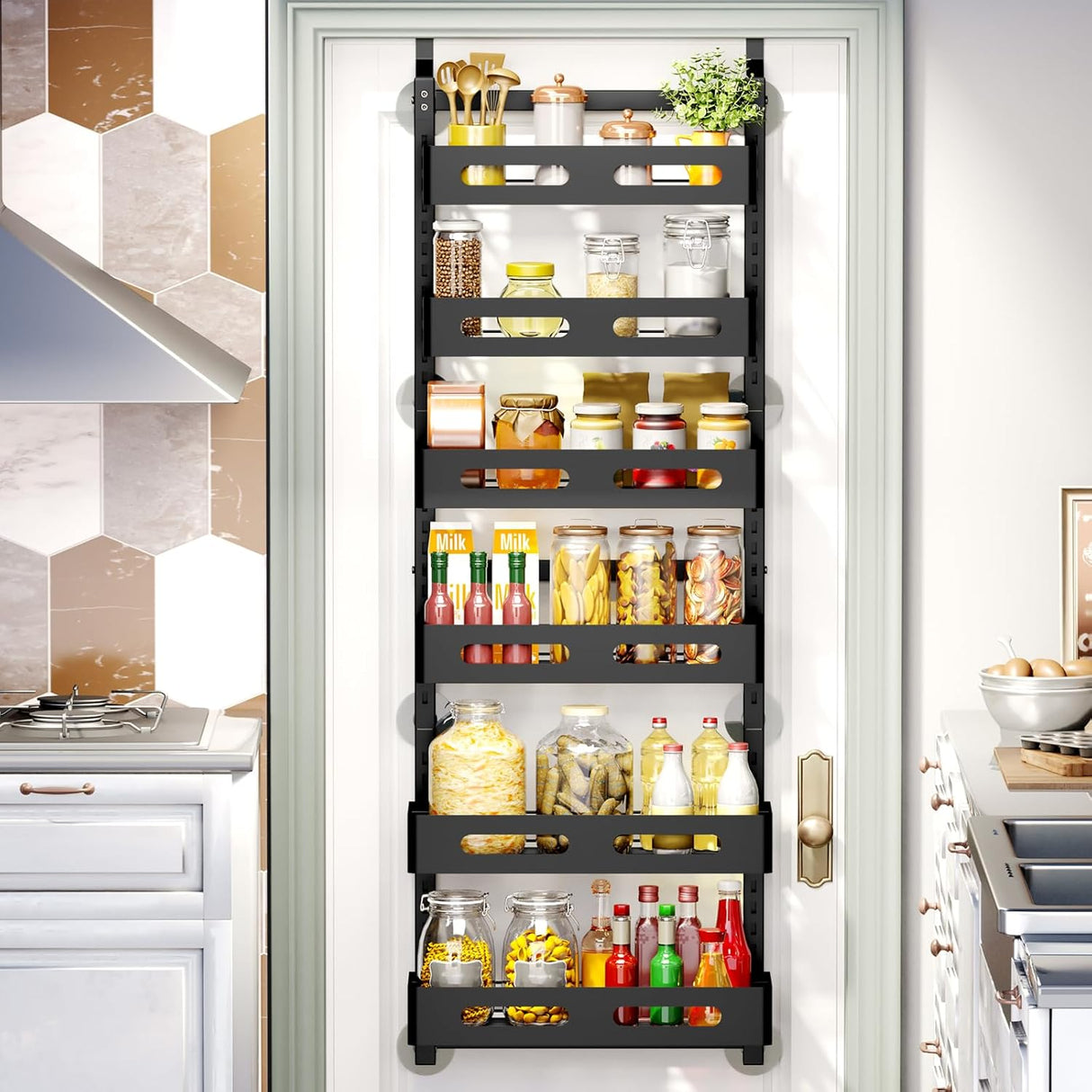 CARLA HOME 6 Tier Over the Door Organizer with Adjustable Metal Pantry Storage Rack and Hanging Baskets for Kitchen and Bathroom-1992735288631365632