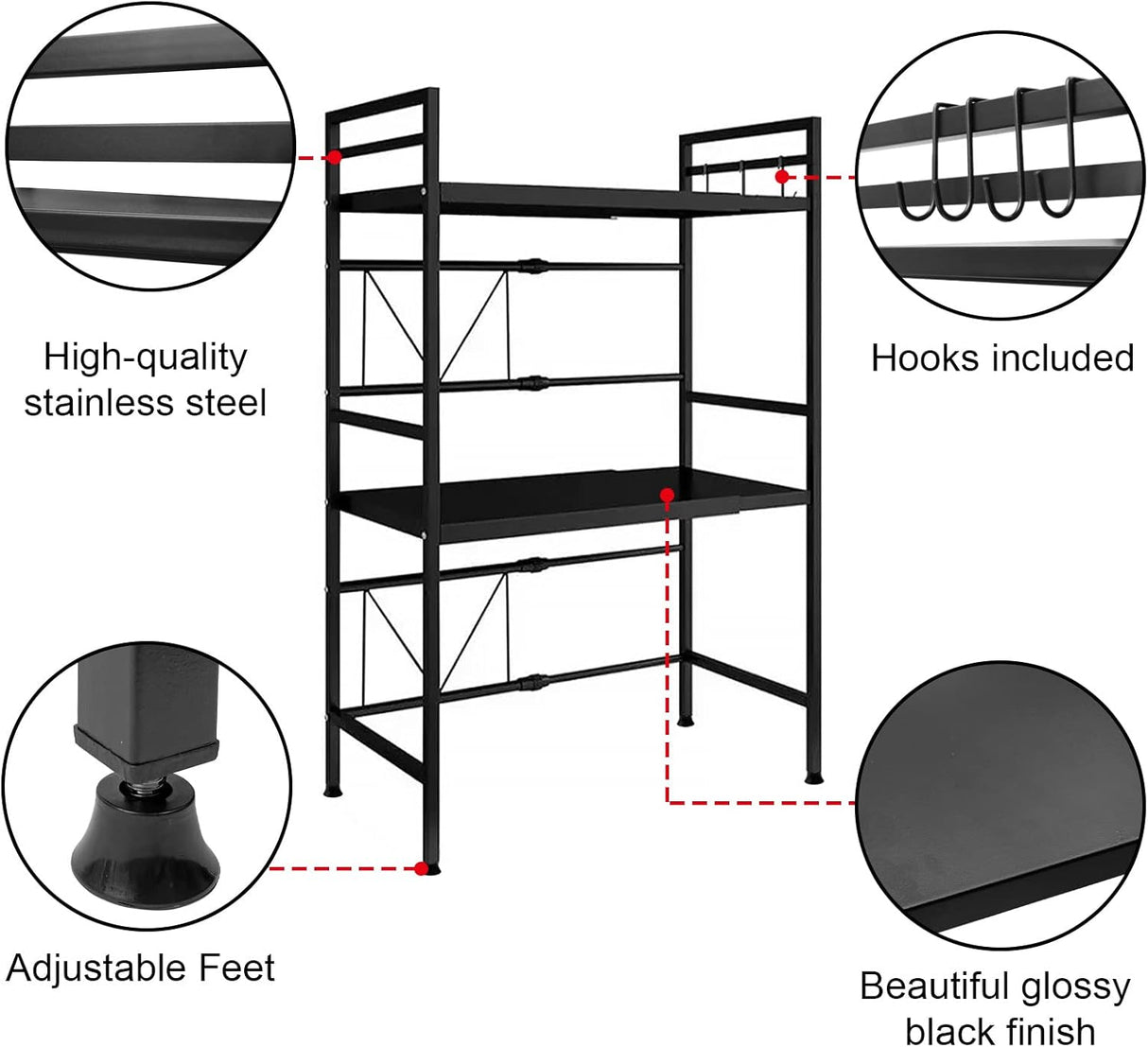 CARLA HOME 3-Tier Microwave Oven Rack with Adjustable Metal Kitchen Shelf Stand for Countertop Storage and 6 Hooks for Utensils-1992735286408384515