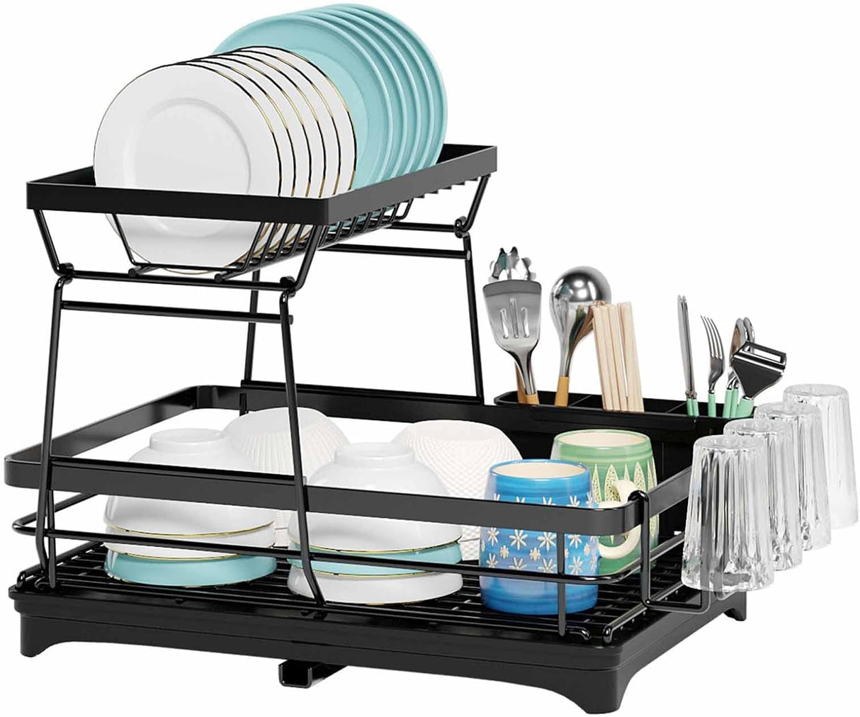 CARLA HOME 2-Tier Dish Drying Rack for Kitchen Counter with Drainboard, Utensil Holder, Cup Rack & Cutlery Organizer-1992735293530312704