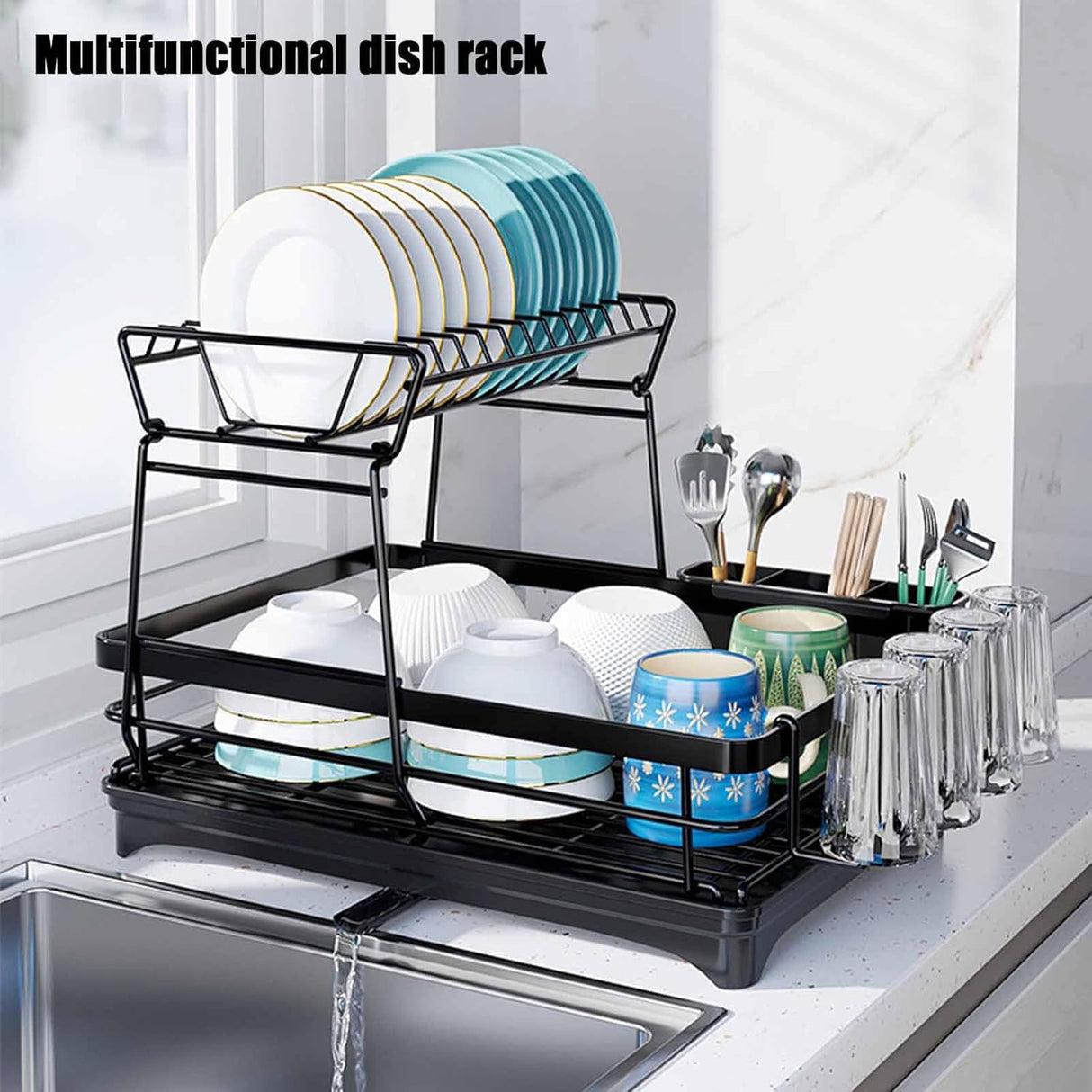 CARLA HOME 2-Tier Dish Drying Rack for Kitchen Counter with Drainboard, Utensil Holder, Cup Rack & Cutlery Organizer-1992735293530312708