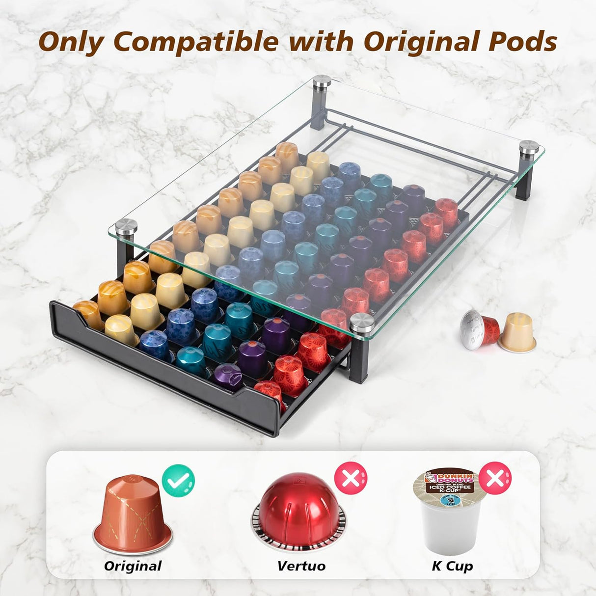 CARLA HOME 60 Coffee Pod Holder Drawer with Tempered Glass Capsule Organizer for Nespresso Pods and Sliding Drawer for Kitchen Countertop-1992735289507975169