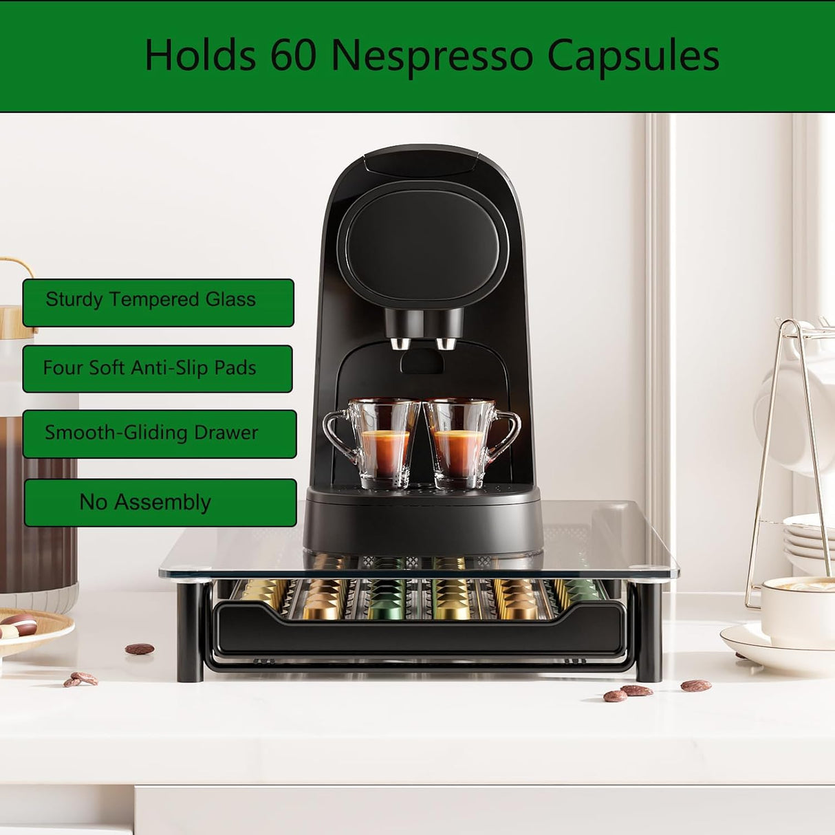 CARLA HOME 60 Coffee Pod Holder Drawer with Tempered Glass Capsule Organizer for Nespresso Pods and Sliding Drawer for Kitchen Countertop-1992735289507975170
