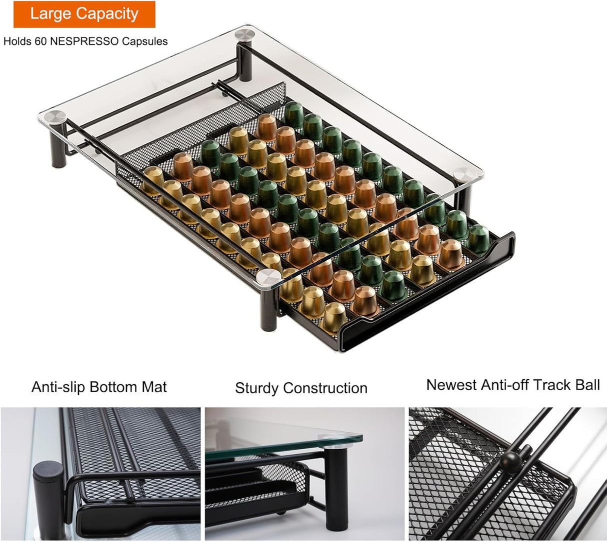 CARLA HOME 60 Coffee Pod Holder Drawer with Tempered Glass Capsule Organizer for Nespresso Pods and Sliding Drawer for Kitchen Countertop-1992735289507975171