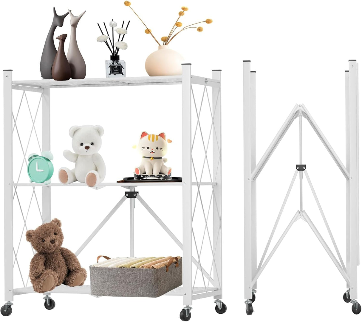 CARLA HOME 3-Tier Foldable Storage Shelf with Wheels for Kitchen, Garage, Pantry or Basement (White)-1978962265868734464