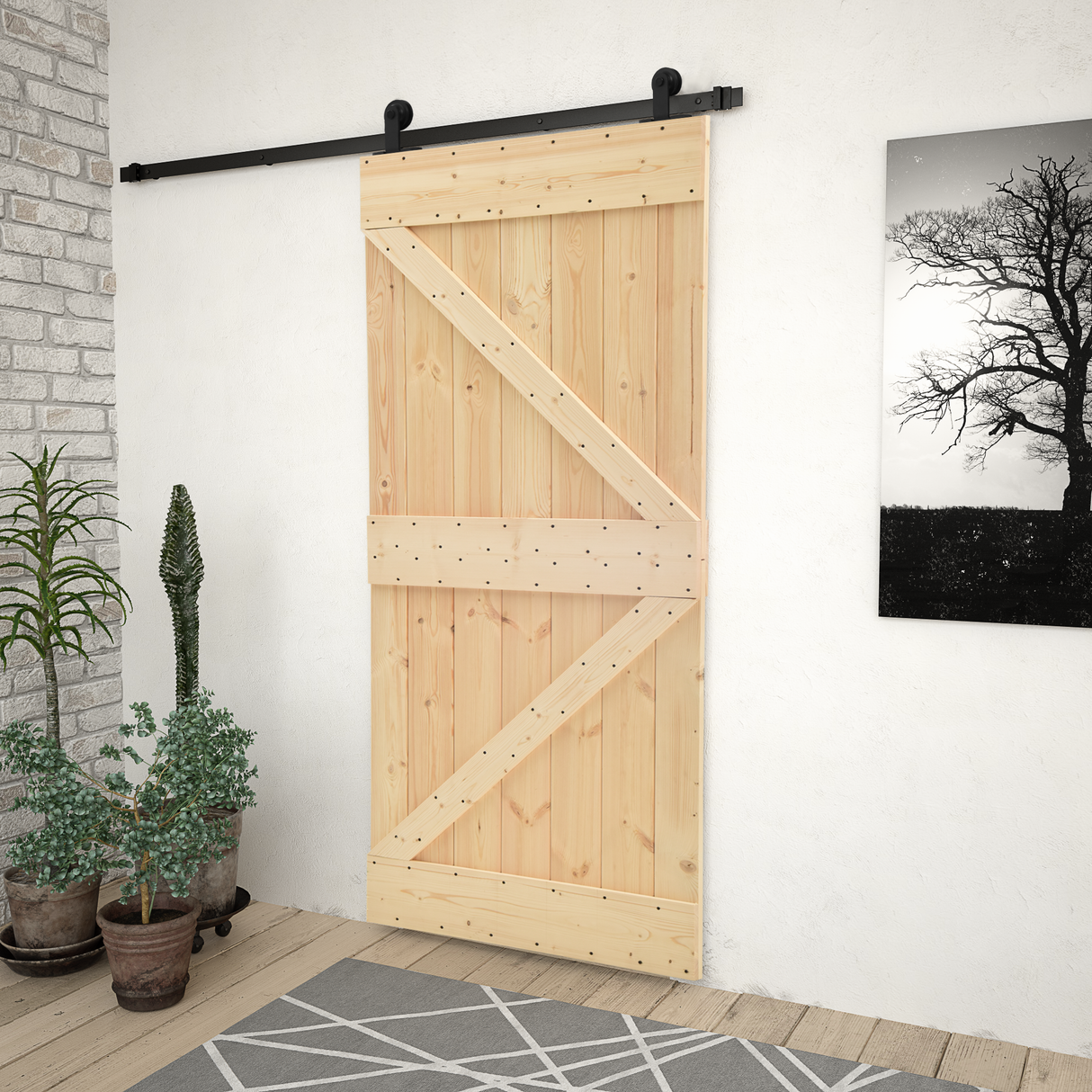 Sliding Door Natural and Black 80 x 210 cm Solid Pine Wood