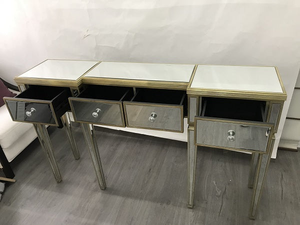 Console Mirrored Antiqued Ribbed. Last one, floor stock left, half price., Console embraces the glamour of Hollywood and Art Deco inspiration