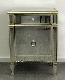 Mirrored Bedside Cabinet Antique 1 Door 1 Drawer. Last one, floor stock left, half price.