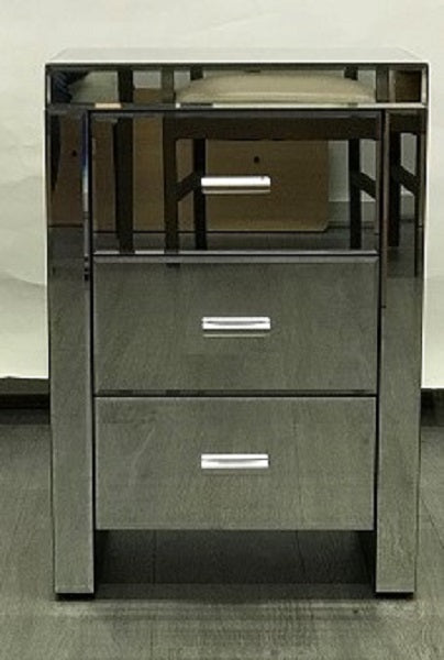 Mirrored Modern Bedside with 3 drawers on runners in Silver. Last two, floor stock left, half price.